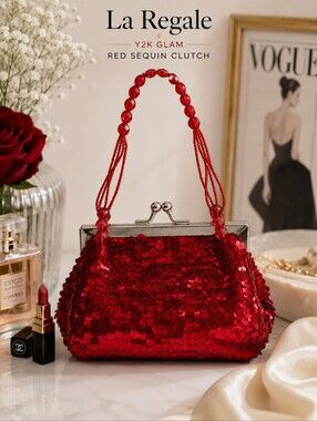 La Regale Red Sequin Beaded Clutch Y2K Party Evening Bag Glam Purse Cocktail